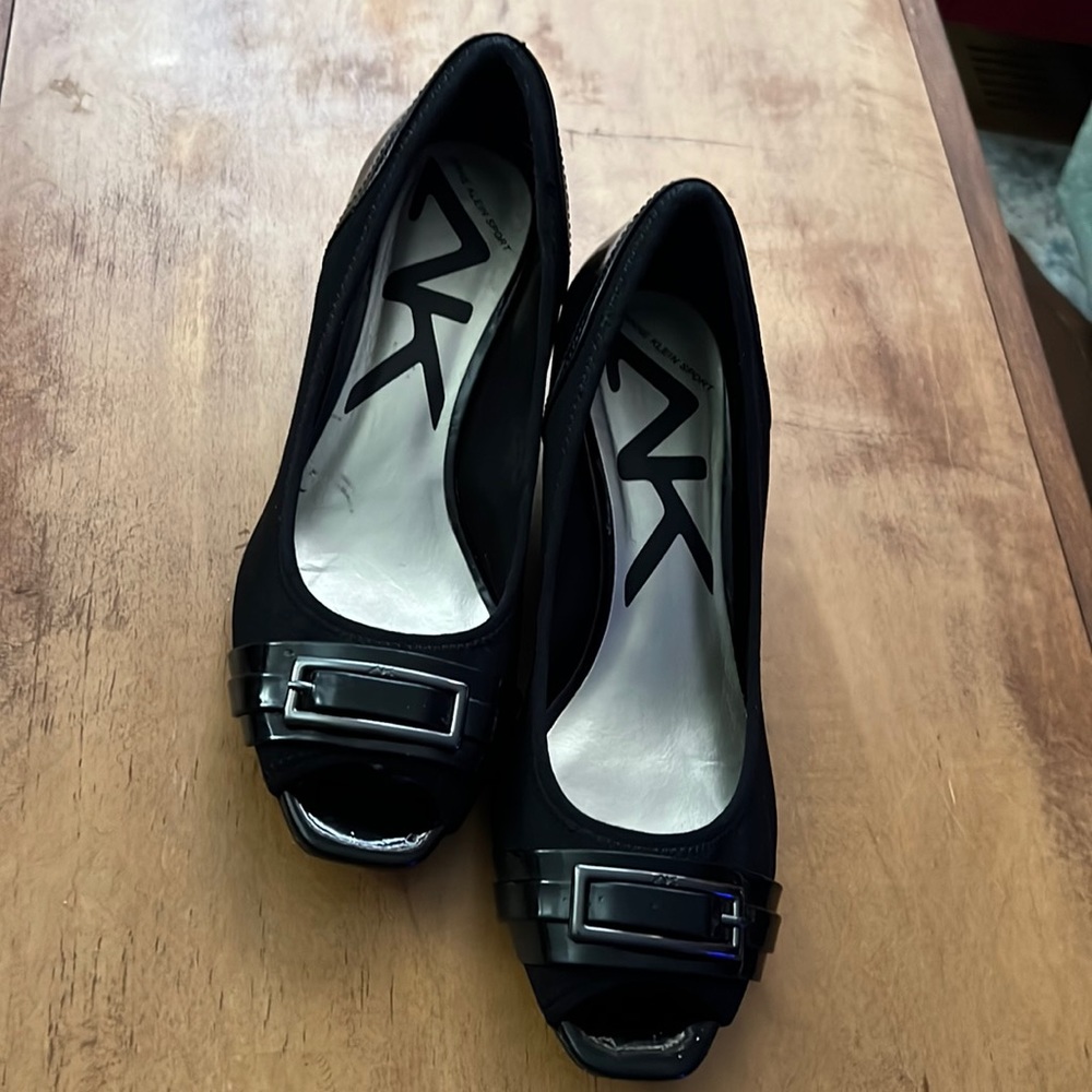 Anne Klein Sport Peep Toe Wedge Black Patent/cloth